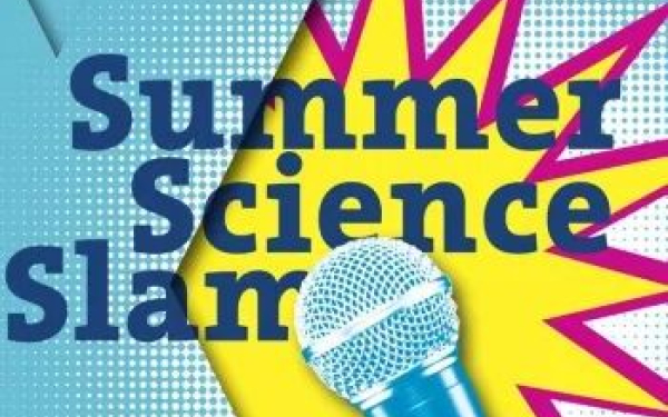 Illu mit Text "Summer Science Slam" und Mikrofon